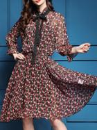 Shein Black Tie Neck Floral Elastic-waist Dress