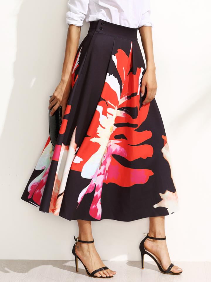 Shein Floral Print Pleated A-line Midi Skirt