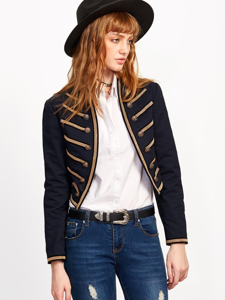 Shein Navy Embroidered Tape Military Jacket