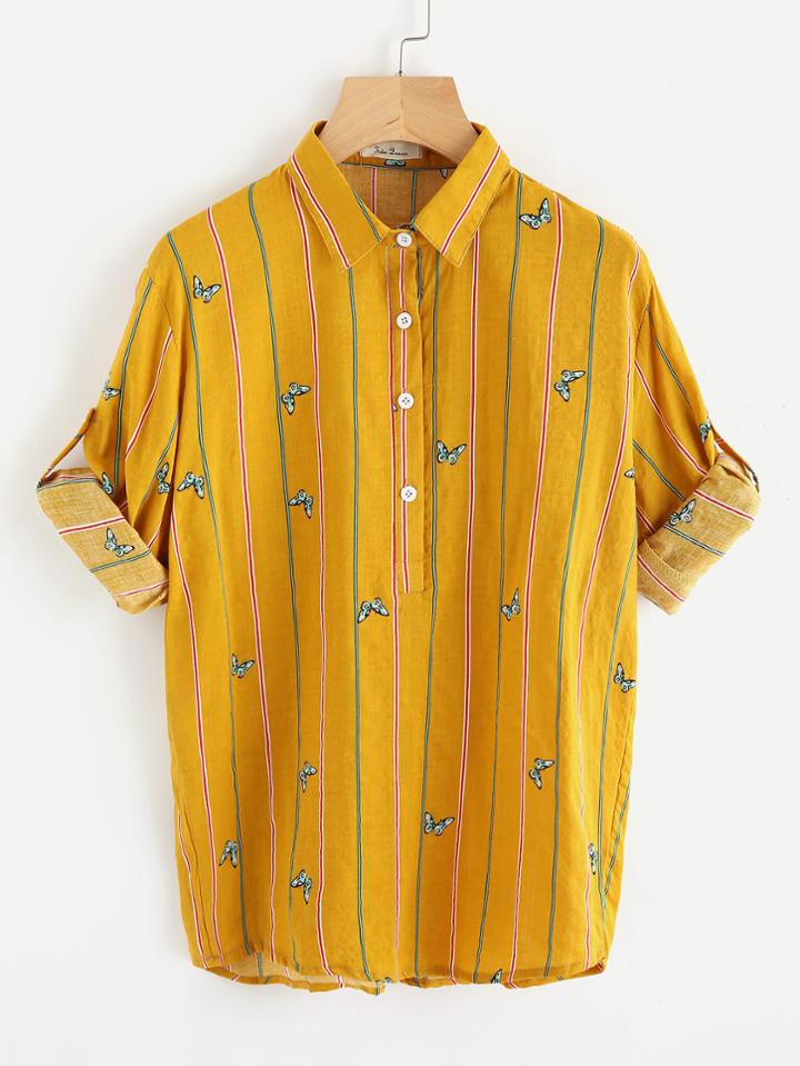 Shein Roll Tab Sleeve Butterfly Print Shirt