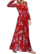 Shein Red Round Neck Owl Print Chiffon Dress