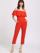Shein Red Ruffle Cold Should Capris Jumpsuit