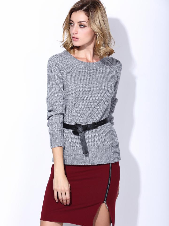 Shein Grey Long Sleeve Knit Tie-waist Two-piece Dress