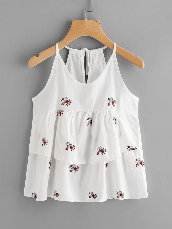 Shein Flounce Layered Flower Embroidered Cami Top