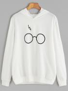 Shein White Eyeglass Print Hooded Sweatshirt