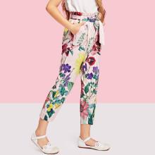 Shein Girls Slant Pocket Self Belted Floral Pants