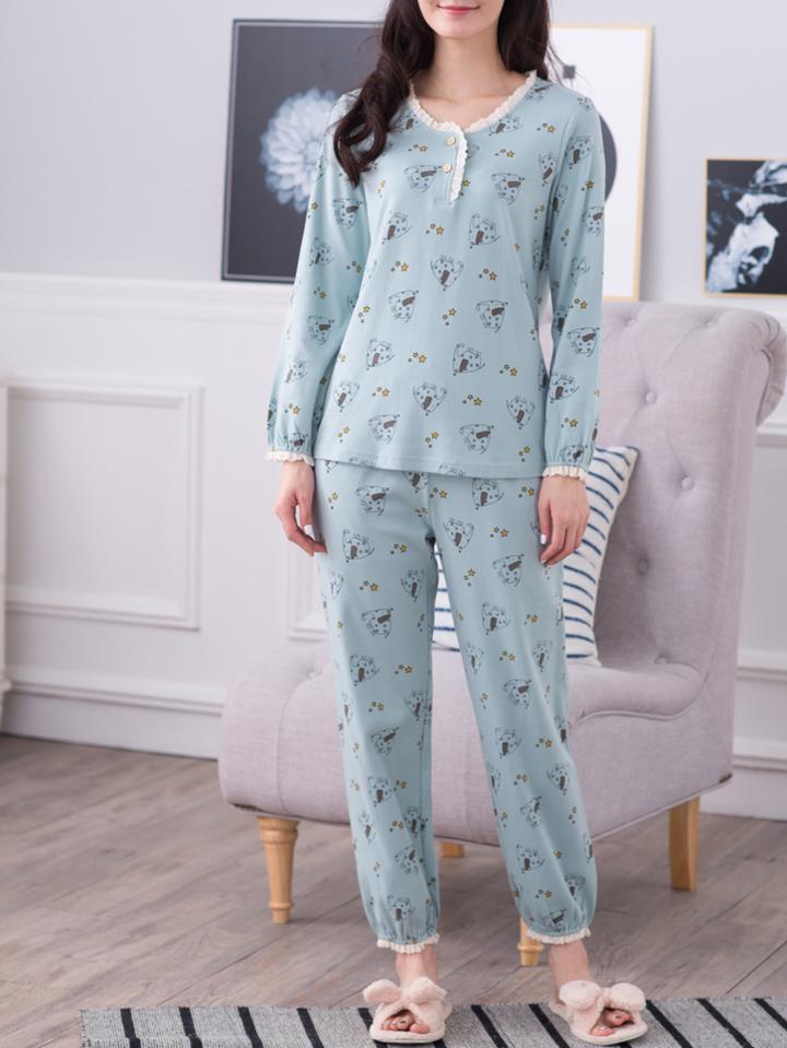 Shein Elephant Print Lace Trim Top & Pants Pj Set