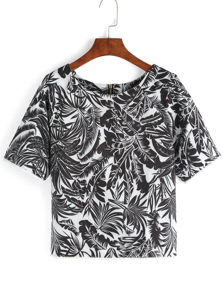 Shein Tropical Plants Print Back Zip T-shirt
