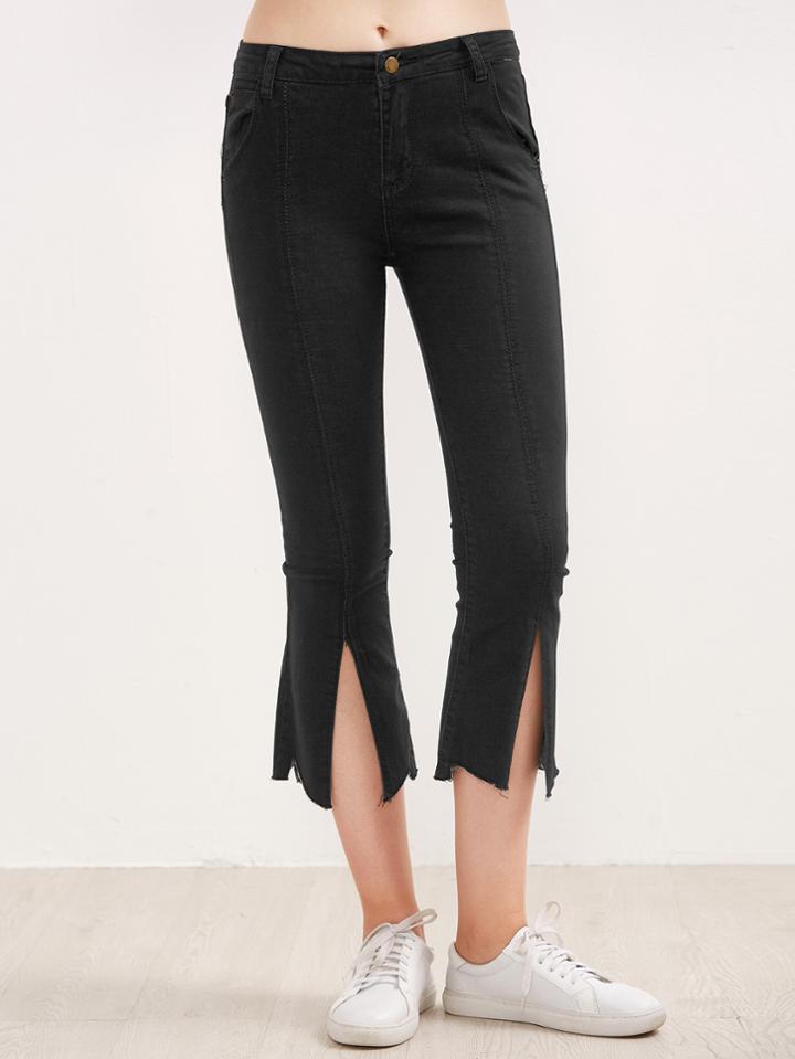 Shein Black Split Front Raw Hem Flare Jeans