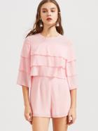 Shein Pink 3/4 Sleeve Layered Ruffle Romper