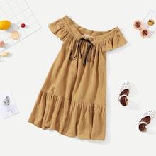 Shein Girls Flutter Sleeve Drawstring Ruffle Hem Dress
