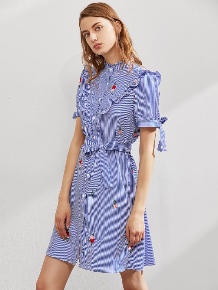 Shein Ruffle Trim Yoke Tie Sleeve Belted Embroidered Shirt Dress