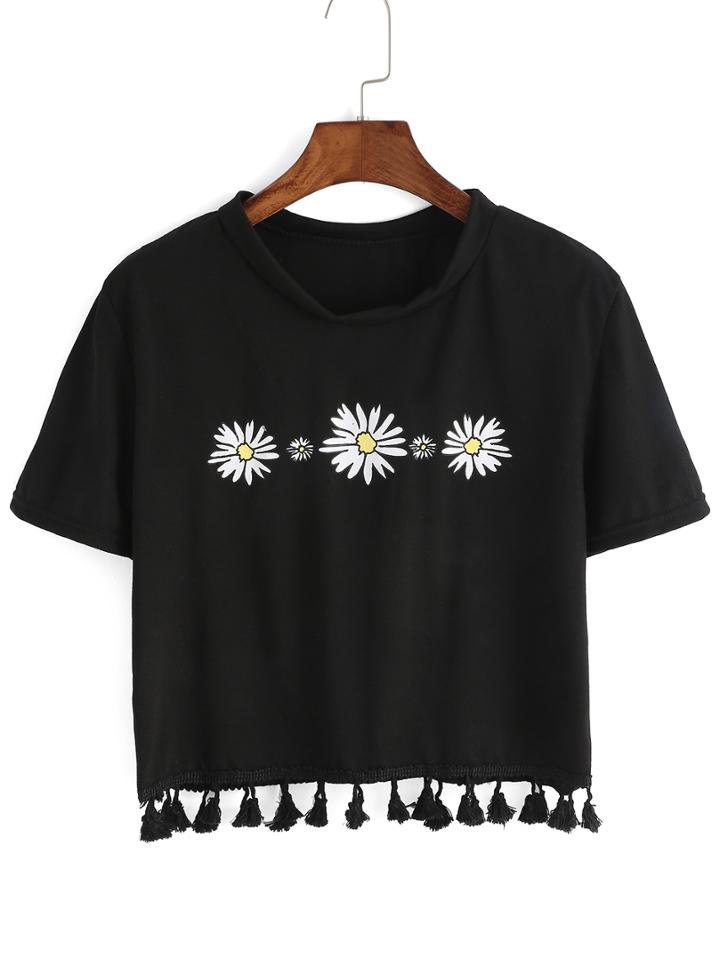Shein Flower Print Fringe Black T-shirt