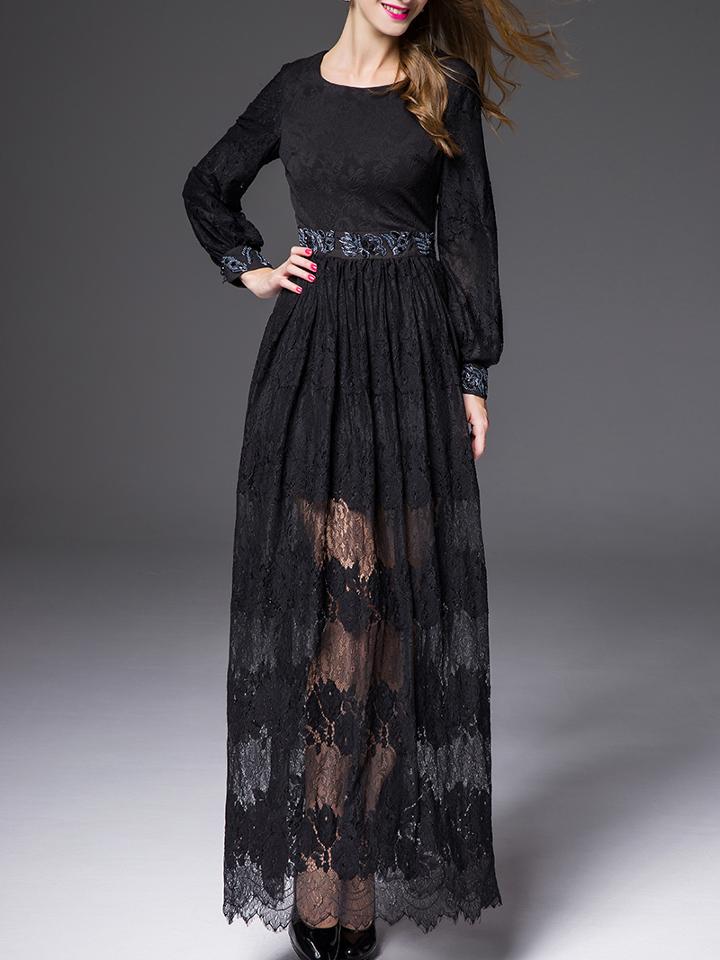 Shein Black Round Neck Long Sleeve Beading Lace Dress
