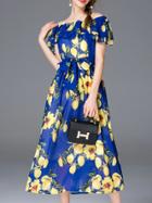Shein Blue Off The Shoulder Lemons Tie-waist Dress