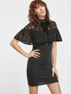 Shein Black Tie Neck Embroidered Lace Shoulder Ruffle Dress