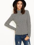 Shein Black And White Checkered High Neck Zip Up Sweater