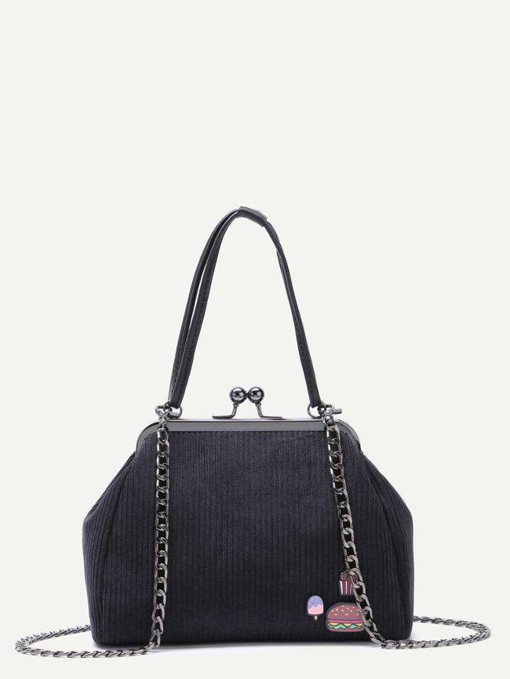 Shein Black Corduroy Kisslock Shoulder Bag With Convertible Strap