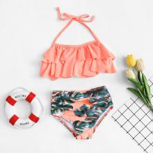 Shein Girls Palm Print Ruffle Bikini Set