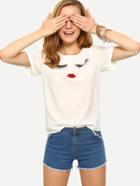 Shein Eyelash & Lip Print White T-shirt