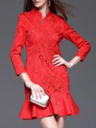 Shein Red Zipper Embroidered Jacquard Frill Dress