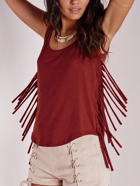 Shein Tassel Side Curved Hem Red Tank Top