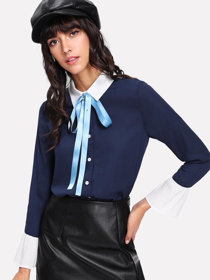 Shein Bow Tie Neck Flounce Sleeve Shirt