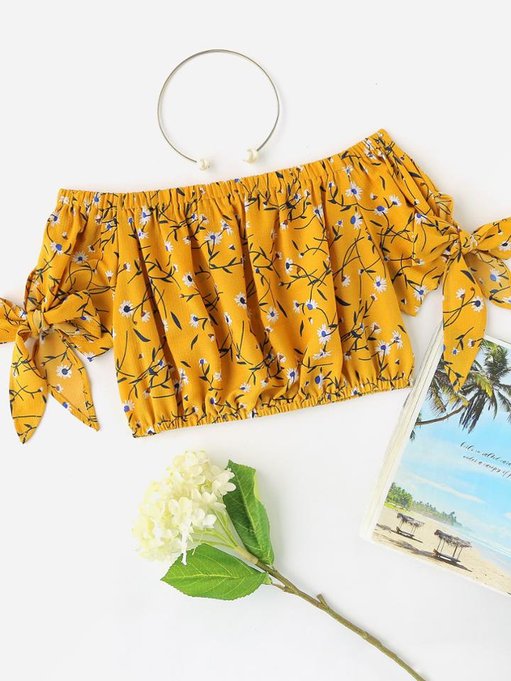 Shein Bardot Ditsy Print Bow Tie Sleeve Crop Top