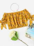 Shein Bardot Ditsy Print Bow Tie Sleeve Crop Top