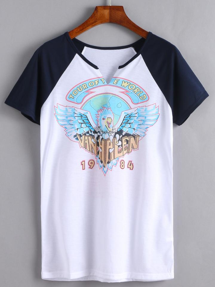 Shein White Print V Cut Raglan Sleeve T-shirt