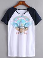 Shein White Print V Cut Raglan Sleeve T-shirt