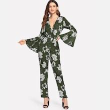 Shein Flounce Sleeve Flower Print Wrap Jumpsuit