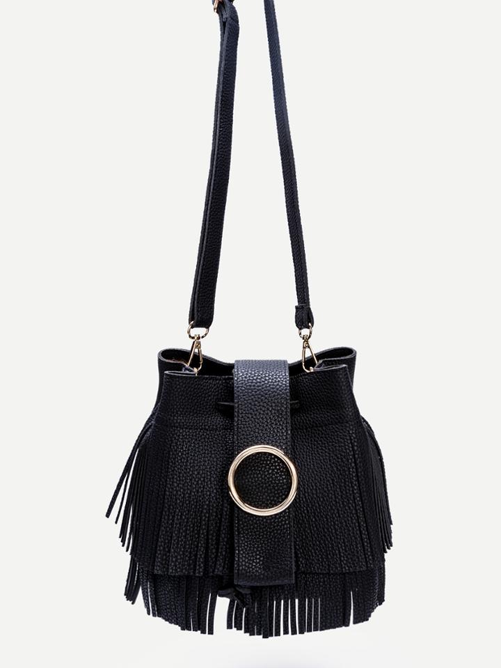 Shein Black Pu Fringe Trim Drawstring Bucket Bag