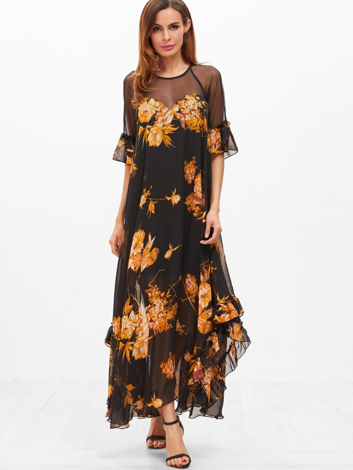 Shein Black Flower Print Sheer Shoulder Keyhole Back Ruffle Dress