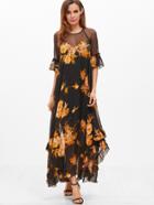 Shein Black Flower Print Sheer Shoulder Keyhole Back Ruffle Dress
