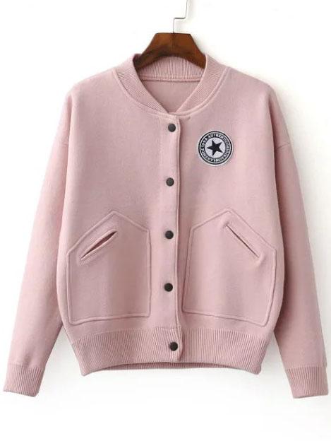 Shein Pink Varsity Embroidered Patch Knitted Bomber Jacket With Buttons