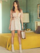 Shein Light Khaki Plunging Self Tie Wrap Dress