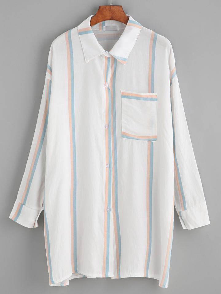Shein White Vertical Striped Drop Shoulder Pocket Shirt