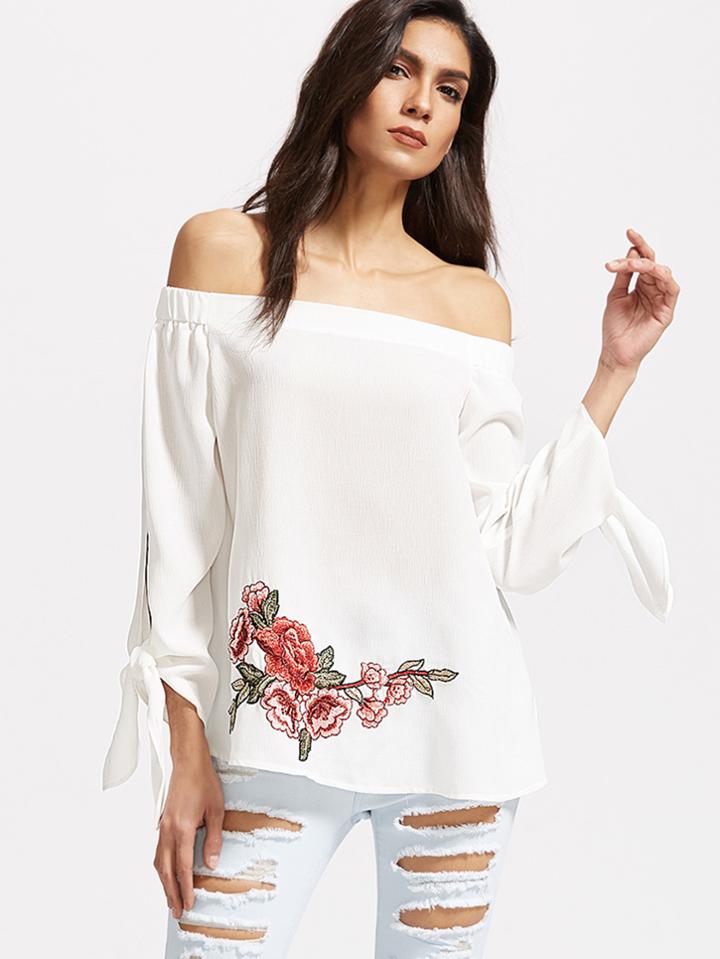 Shein Embroidered Rose Patch Off Shoulder Top