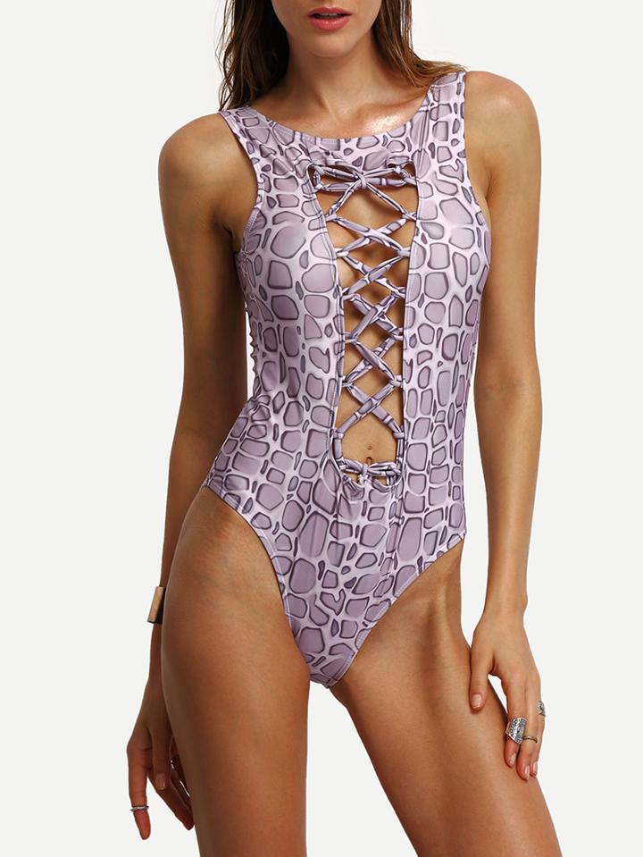 Shein Lace-up Front Snake Print One-piece Swimwear