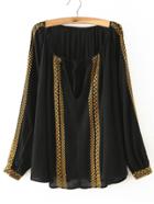 Shein Black Tie-neck Embroidered Loose Blouse