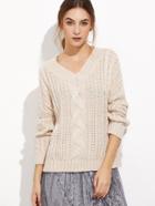 Shein Apricot V Neck Drop Shoulder Cable Knit Sweater
