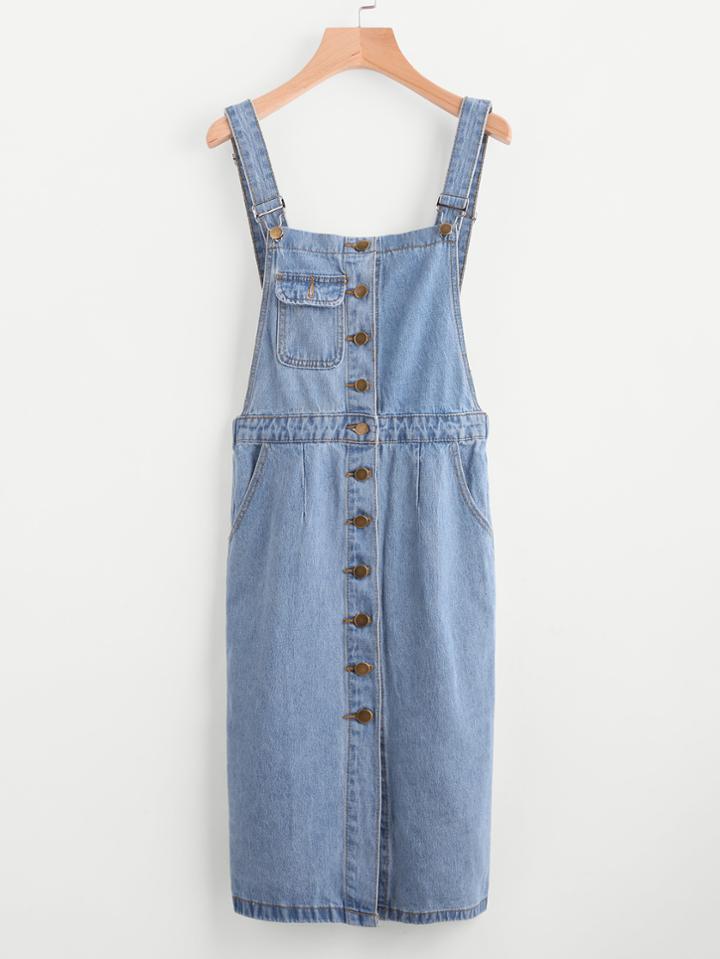 Shein Bleached Single Breasted Denim Overall Dress With Pockets