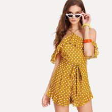 Shein Ruffle Cold Shoulder Belted Polka Dot Romper