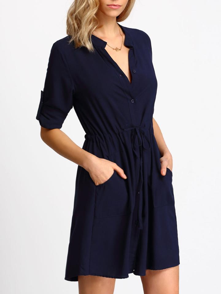 Shein Navy V Neck Drawstring Waist Pockets Dress