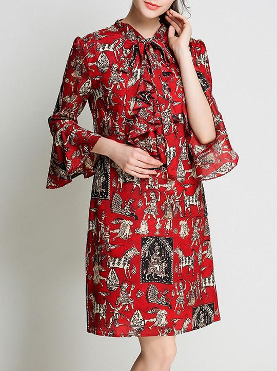 Shein Tie Neck Bell Sleeve Vintage Print Dress
