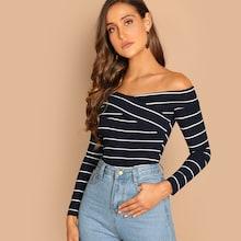 Shein Cross Wrap Off Shoulder Striped Tee