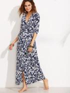 Shein Blue V Neck Floral Split Front Dress With Belt