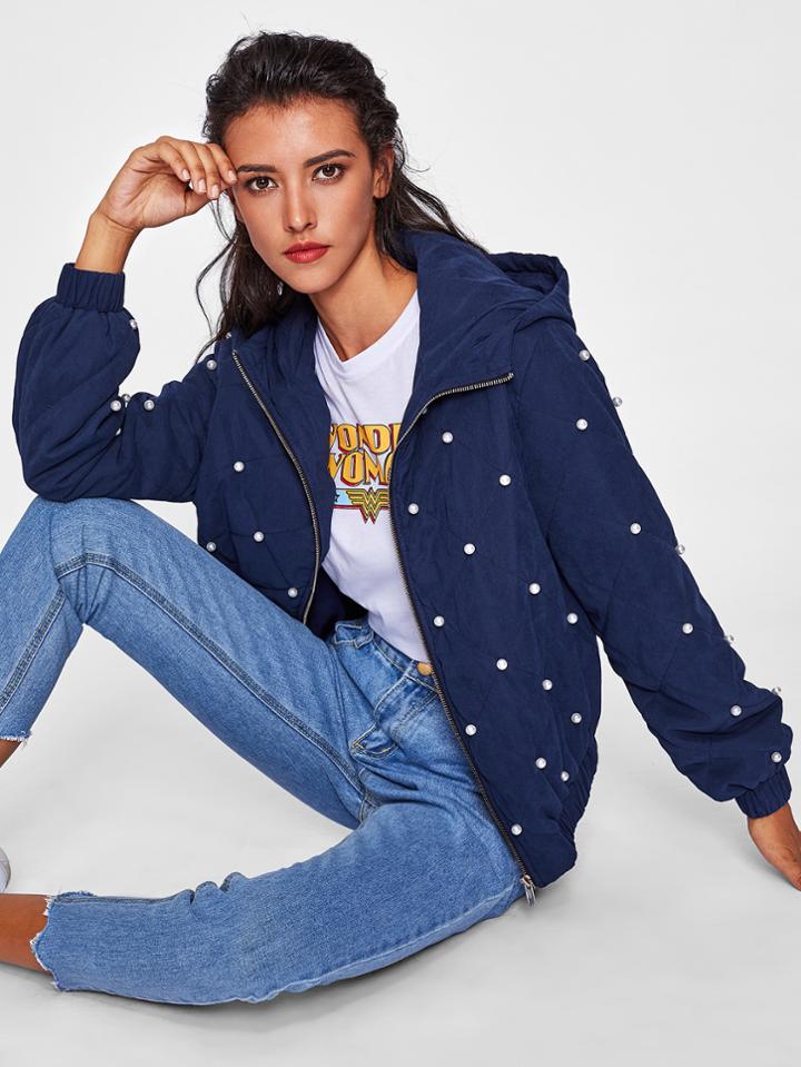 Shein Pearl Beading Quilted Hooded Jacket