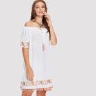 Shein Tassel Knot Front Pompom Detail Hem Embroidered Dress